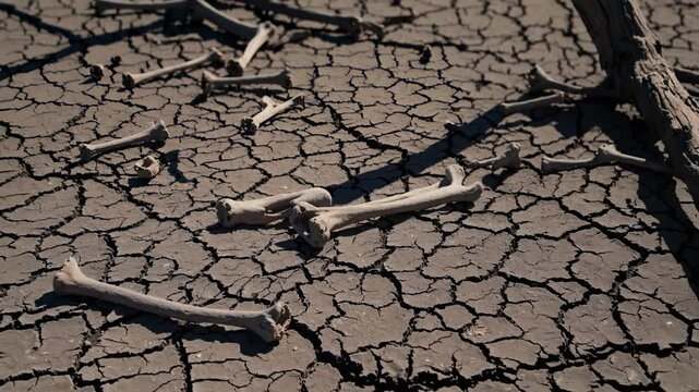 Low-angle video shot of scattered animal bones on cracked, dry earth, emphasizing desolation and drought in a cinematic style.