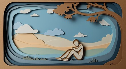 Obraz premium Paper Cutout Art of Solitude Figure Under Tree in Landscape