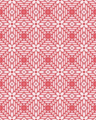 Intricate geometric pattern with red and white symmetrical shapes creating a vibrant visual effect with repetition and harmony