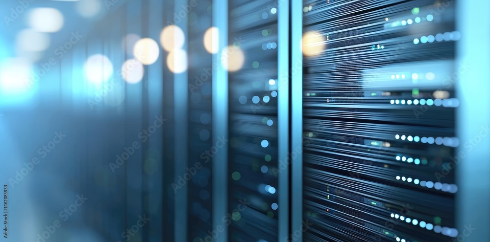 Poster Blurred view of futuristic servers with glowing indicators and vibrant blue tones, ideal for network infrastructure or IT cloud services
