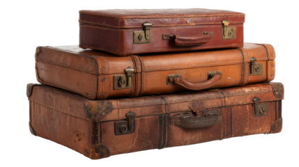 stacked vintage leather suitcases isolated, transparent background