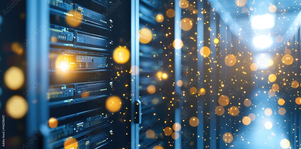Poster Symmetrical view of a futuristic data center corridor filled with sleek server units glowing with dots and blue light, perfect for IT and cloud platforms