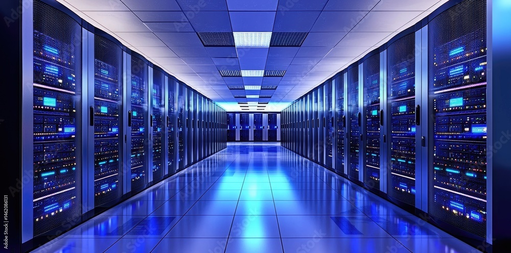 Poster Rows of server racks with bright glowing system lights, illustrating data processing, high speed internet, and tech infrastructure