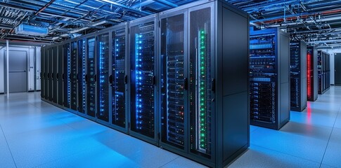 Advanced server cabinets in blue-lit data center corridor, perfect for illustrating cloud storage, database management, and IT services