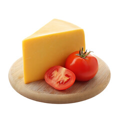 A delicious slice of cheese with a tomato. The cheese is a vibrant yellow, and it is sitting on a wooden cutting board with a fresh red tomato