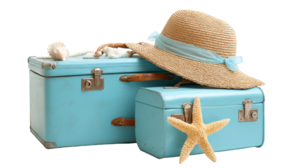 vintage luggage, sun hat, and starfish suggesting travel and vacation isolated, transparent background