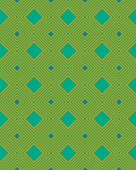 A visually striking geometric design shows layers of diamonds and lines in shades of green and yellow, creating a captivating pattern