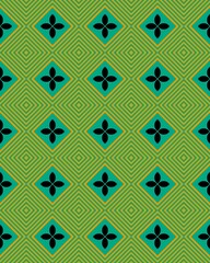 This colorful geometric pattern displays a series of diamonds and flower shapes on a bright green background, creating a striking visual effect