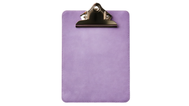 a close up of a purple clipboard with a silver clip isolated, transparent background