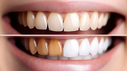A before-and-after comparison of teeth whitening, showcasing the transformation from stained to bright, healthy-looking teeth