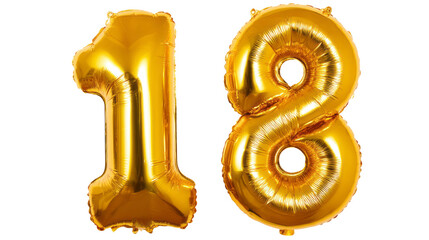 golden balloons number 18 isolated, transparent background