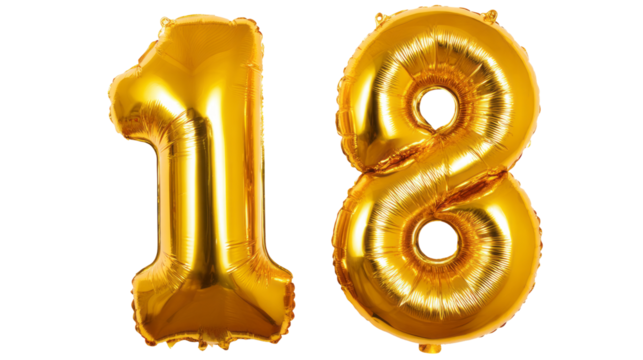 golden balloons number 18 isolated, transparent background - Powered by Adobe