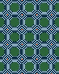 Intricate design features alternating octagonal shapes and striped patterns, creating a bold visual effect against a blue backdrop