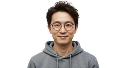 A young adult Asian male wearing glasses and a grey hoodie, smiling confidently against a solid black background, portraying a casual and approachable demeanor.