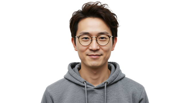 A young adult Asian male wearing glasses and a grey hoodie, smiling confidently against a solid black background, portraying a casual and approachable demeanor.