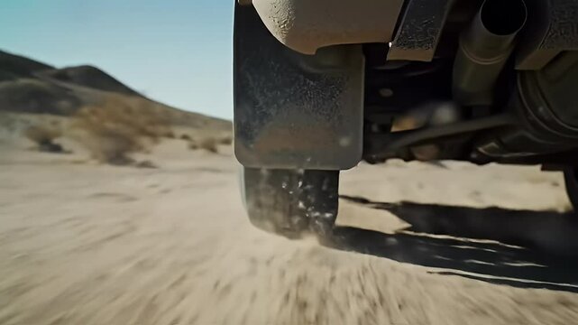Driving Off Road Vehicle on Desert Sand Slow Motion Ground Level Shot