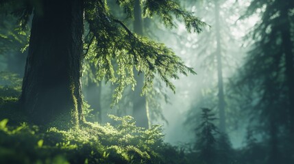 rain Forest. Beautiful View of Fresh Green Trees in the Woods with Moss