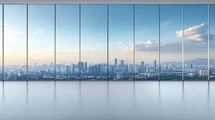 Fototapeta premium A modern, minimalist office space featuring large glass windows that overlook a vibrant city skyline. The open area is bright, showcasing the interplay of light and urban scenery.
