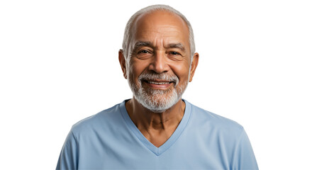 Obraz premium Smiling Elderly Man with Gray Beard and Vibrant Blue Shirt Against a Dark Background, Exuding Warmth and Wisdom in His Expression