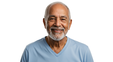Smiling Elderly Man with Gray Beard and Vibrant Blue Shirt Against a Dark Background, Exuding Warmth and Wisdom in His Expression