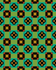 Bright geometric design features black and red floral shapes against a turquoise backdrop, creating a lively visual effect