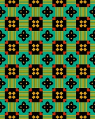 Multiple repeating geometric shapes create a striking decorative pattern with bold colors and intricate designs on a vivid background