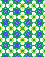 Bright, colorful design features repeating floral shapes and squares against a vivid green background, creating a vibrant visual effect