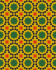 Colorful geometric pattern showcases interconnected shapes and vibrant colors, creating an eye-catching textile design ideal for home decor