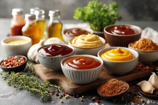 A variety of sauces and condiments on a wooden board