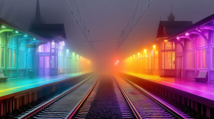 Naklejka premium Subway station with intelligent advertisements responding to human emotions in a vibrant neon atmosphere