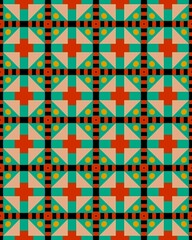 Vibrant geometric shapes interact in a repeating pattern, showcasing a blend of colors and forms that create visual harmony