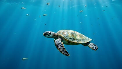 Obraz premium a small sea turtle, its carapace a mosaic of muted greens and browns, drifts languidly through the cerulean expanse