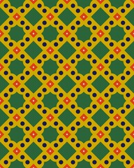 Colorful geometric shapes form a repeated pattern with green, yellow, red, and blue hues, ideal for interior design or fashion