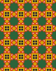 A vibrant geometric pattern fills the space with bold shapes and contrasting colors creating a lively design