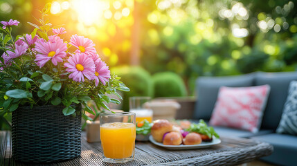 A table with comfortable outdoor chairs has been set up on the sunny patio for brunch.
