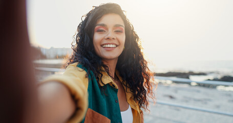 Beach, selfie and woman with smile, vacation and travel with profile picture, excited and ocean....