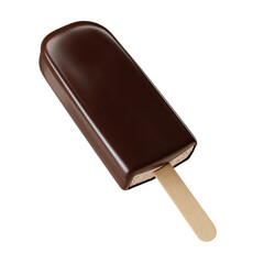 Obraz premium A close-up of a rich chocolate-covered ice cream bar on a wooden stick. The ice cream is smooth and creamy, the chocolate coating is glossy and enticing. The wooden stick is natural and organic
