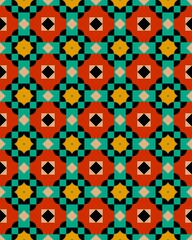 Vivid geometric shapes and colors form a repeating pattern that features star-like designs on a bright background