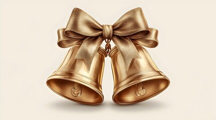 Two golden bells with a gold ribbon tied around them