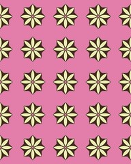Colorful floral patterns are arranged in a grid on a lively pink background, exhibiting a striking geometric design