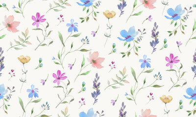 Seamless watercolor pattern with cute flowers. Hand-drawn floral illustration isolated on pastel background. Vector EPS.