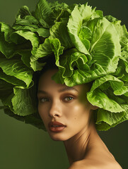 Portrait of woman with cabbage headwear in surrealist style