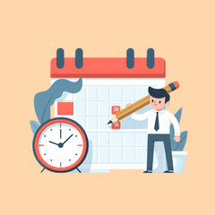 A man is writing on a calendar with a pencil, vector illustration