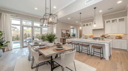 Open-concept kitchen and dining area with modern farmhouse style