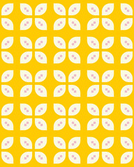 Bright yellow background features a repetitive geometric design with leaf-like shapes and soft pink accents, creating a vibrant visual