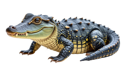 Obraz premium Vibrant toy crocodile with yellow accents on white background for kids education, wildlife marketing campaigns, and creative branding projects with copy space
