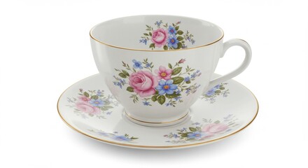 Floral patterned teacup and saucer set on white background.