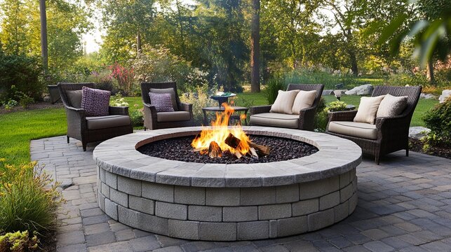 Elegant outdoor firepit with cozy lounge chairs..