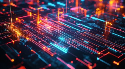 Obraz premium Abstract network of glowing lines and shapes, resembling a futuristic circuit board or data flow.