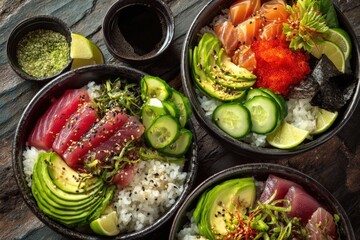 Delicious poke bowls with tuna, salmon, avocado, cucumber, and rice.